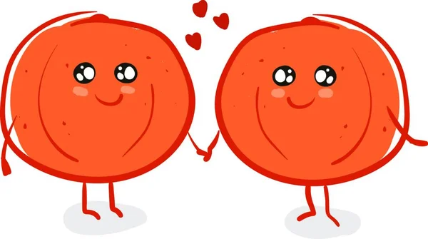 Arasında Kırmızı Kalpler Ile Ele Tutuşan Portakal Bir Karikatür Vektör — Stok Vektör