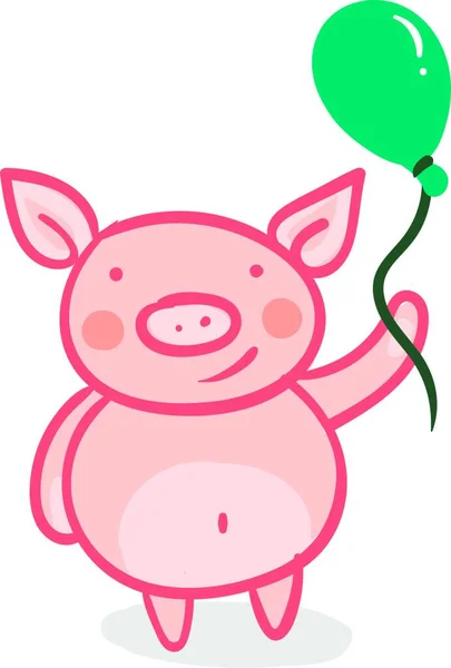 Porc Roz Ține Balon Verde Desenul Sau Ilustrația Culorii Vectoriale — Vector de stoc