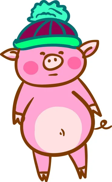 Cute Baby Pig Sobie Ciepłe Pomppom Kapelusz Zimowy Kolor Rysunek — Wektor stockowy