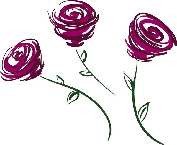 Pintura Três Lindos Vermelho Rosa Haste Vetor Cor Desenho Ilustração — Vetor de Stock