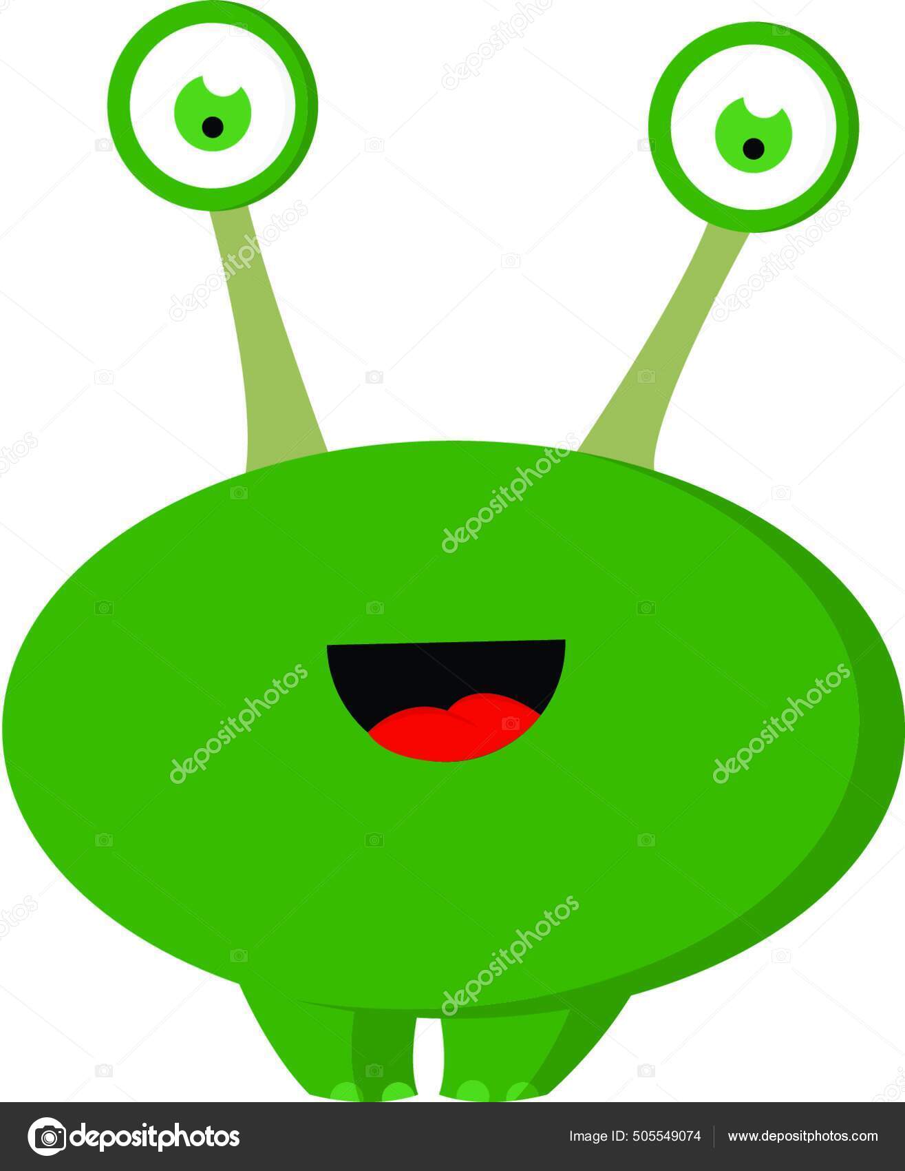 Um desenho de um alienígena verde com olhos roxos.