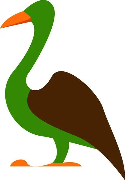 Zielony Ptak Brązowym Piórkiem Pomarańczowym Dziobem Stoi Rysunek Koloru Wektorowego — Wektor stockowy