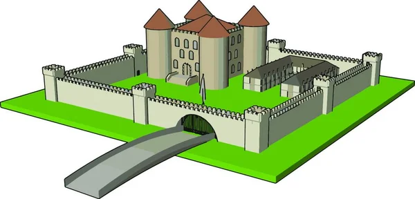 Medeltida Slott Med Befäst Vägg Och Towersandbro Vektor Illustration Vit — Stock vektor