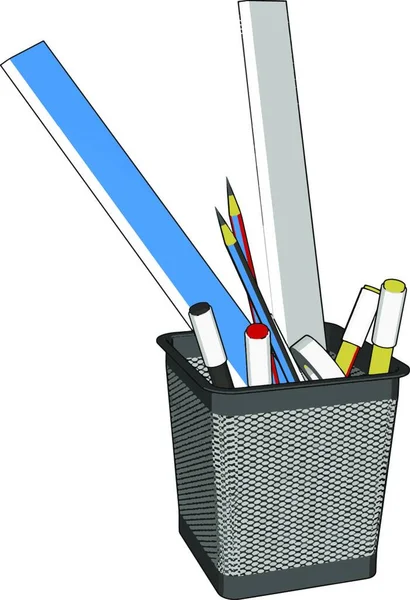 Draad Pen Cup Met Linialen Verschillende Pennen Potloden Vector Illustratie — Stockvector