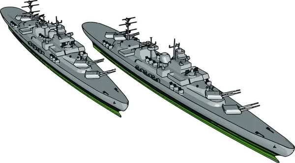 Ilustração Vetorial Dois Longos Navios Militares Cinzentos Sobre Fundo Branco — Vetor de Stock