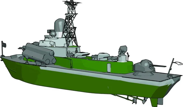 Ilustração Vetorial Sobre Fundo Branco Barco Militar Verde Cinza — Vetor de Stock