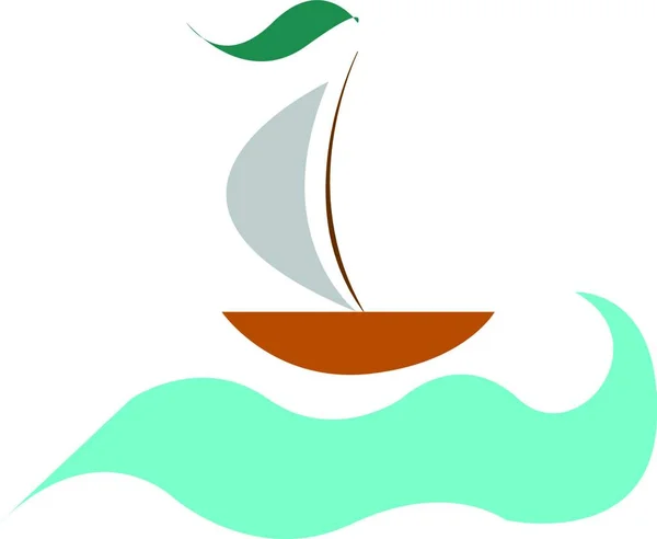 水ベクトルのカラー描画またはイラストレーションにおける緑の旗の航行を持つ船の図面 — ストックベクタ