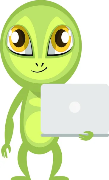 Alien Avec Ordinateur Portable Blanc Illustration Vecteur Sur Fond Blanc — Image vectorielle