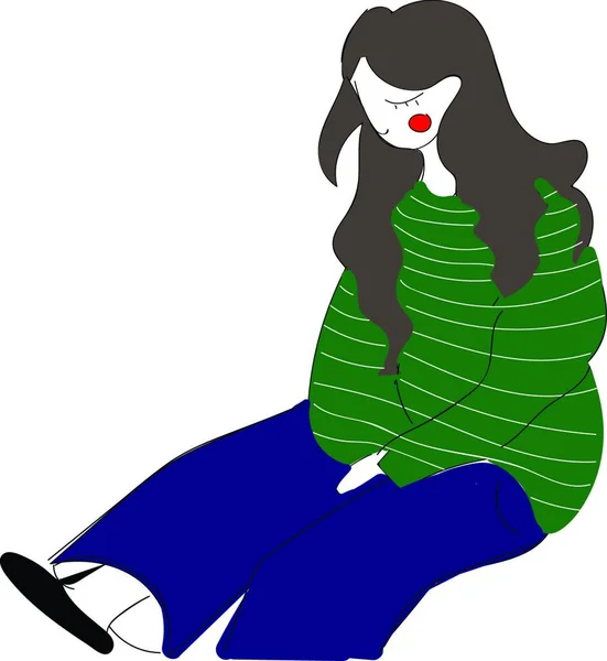 Abstraktní Vektorová Ilustrace Bílém Pozadí Osamělé Sedící Dívky Zelené Proužkované — Stockový vektor