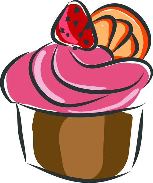 白の背景にピンクの Creame とイチゴのトップベクターイラストのカップケーキ — ストックベクタ