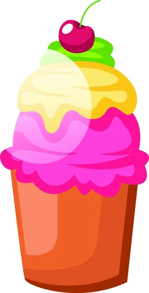 Grande Cupcake Colorido Com Cereja Vetor Topillustration Fundo Branco — Vetor de Stock