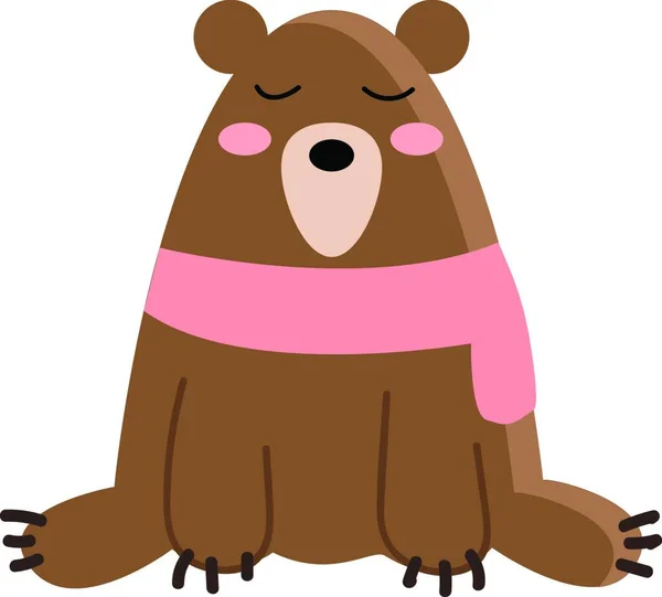 ピンクのスカーフを身に着けている大きな茶色のクマは 目を閉じて地面に座っていますベクトルカラーの図面やイラスト — ストックベクタ