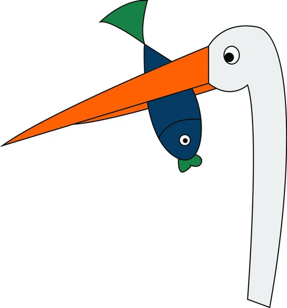 長い首を持つ白い鶴とくちばしの色絵又はイラストで緑の魚を保持する長いオレンジ色のくちばし — ストックベクタ