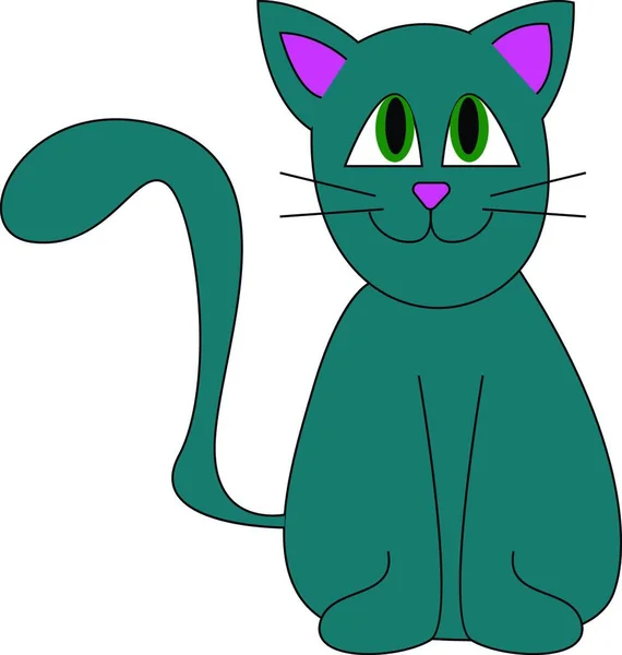 紫色の耳と鼻が笑顔の青い猫は その尾がベクトルカラーの図面やイラストを持ち上げ — ストックベクタ