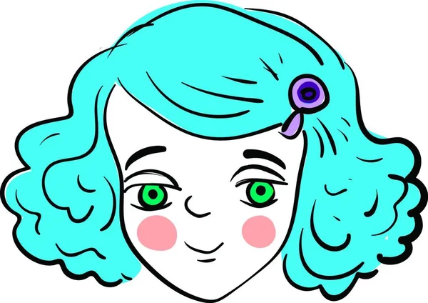 Pretty Girl Blue Hair Lavender Hairpin Green Eyes Pale Cheeks — Stock Vector