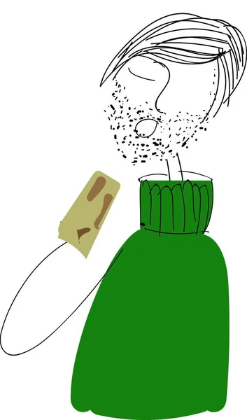 绿色毛衣男孩穿着绿色毛衣的男孩 正在蚕食矢量彩绘或插图 — 图库矢量图片