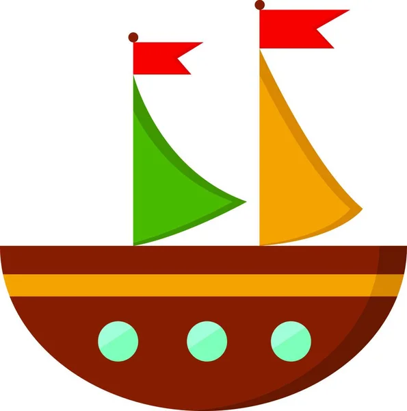 Коричневая Полукруглая Лодка Которой Один Зеленый Желтый Парус Двумя Красными — стоковый вектор