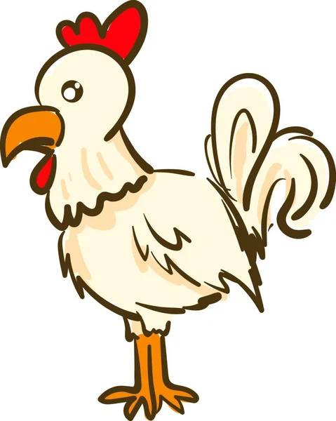 オレンジ色のくちばしの脚と赤い櫛とワドルベクトルの色絵やイラストを持つ白い鶏 — ストックベクタ