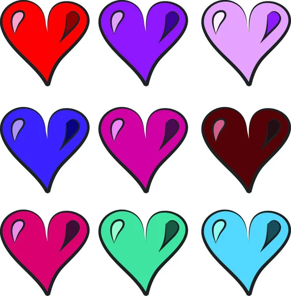 Три Набора Красно Фиолетовых Голубых Розовых Сердец Расположены Порядке Векторного — стоковый вектор