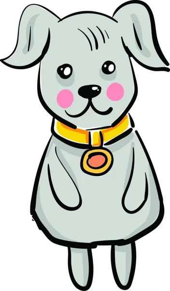 一条灰色的狗脖子上挂着一个金色的领子 它站在笔直的矢量彩绘或插图上 — 图库矢量图片
