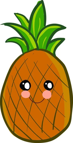 Cute Ananas Zielonymi Liśćmi Uśmiech Twarzy Wektor Kolor Rysunek Lub — Wektor stockowy