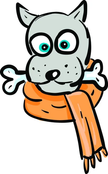 青い目の灰色の犬は その口の中に骨を保持し オレンジ色のスカーフラウンドネックベクトルの色の図面やイラストを身に着けている — ストックベクタ