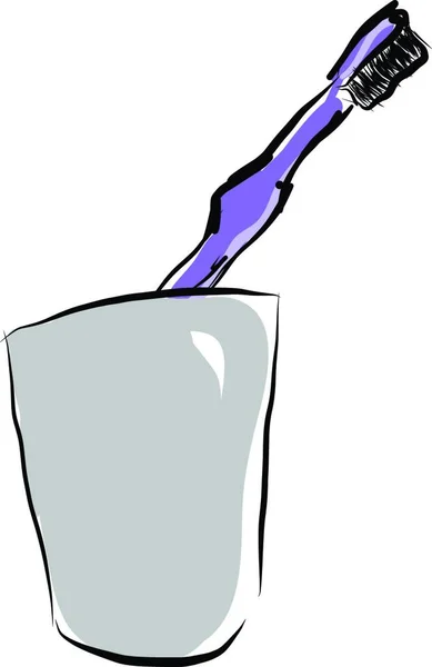 毛刷一种紫色的牙刷 有黑色的毛 放在浴室矢量彩绘或插图中的灰色玻璃杯中 — 图库矢量图片