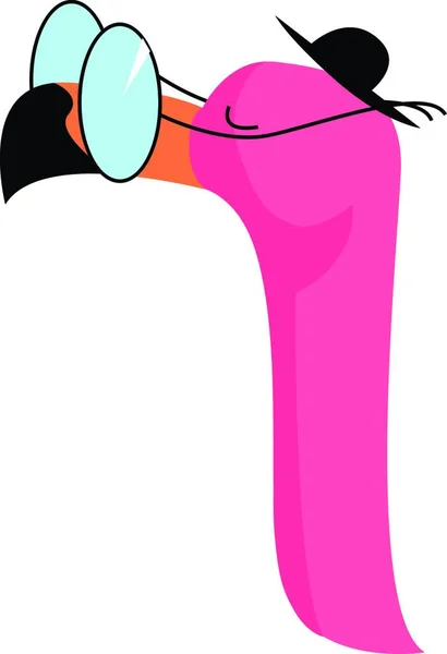 丸みを帯びたメガネと黒の帽子のベクトルのカラー図面やイラストを身に着けているピンクのフラミンゴ — ストックベクタ