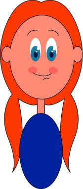 A little girl in a blue dress  oval-shaped body  two side ponytails in her orange hair  blue eyes rolled down stands with a closed smile turning up to cheeks  vector  color drawing or illustration vector
