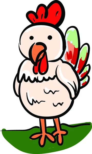 緑の農場のベクトルのカラー図面やイラストに立ってカラフルな尾羽を持つ小さな白い鶏 — ストックベクタ