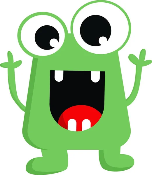 Ein Grünes Monster Mit Vier Zähnen Und Prallen Augen Erhobenen — Stockvektor