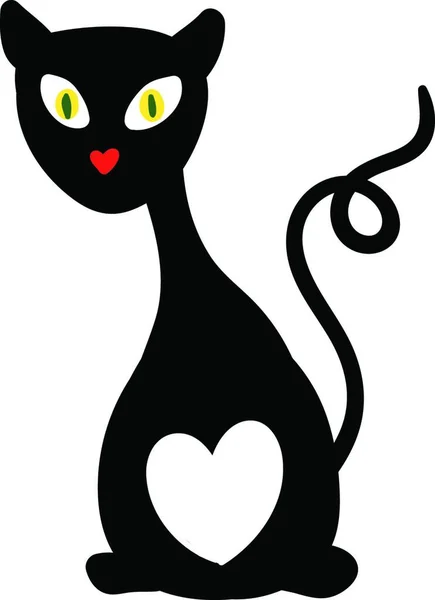 Black Cat Fluorescent Eyes Heart Shaped Lips Printed White Colored — Stock Vector