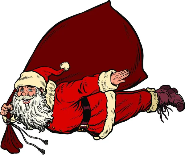Супергерой Санта Клауса Летит Мешком Подарков Ретро Векторная Иллюстрация Поп — стоковый вектор