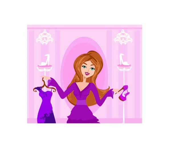 Усміхнена Жінка Рожевій Сукні Покупках Моди — стоковий вектор