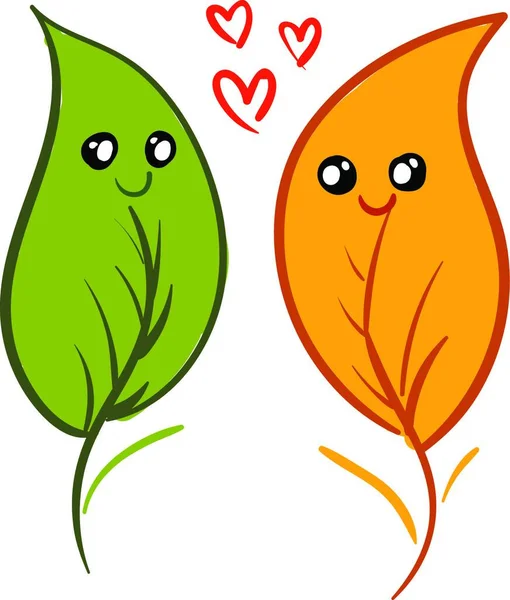 Two Green Yellow Colored Leaves Smiling Each Other Love Vector — Stock Vector