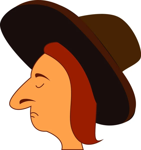 一个戴着褐色帽子的男人闭眼时表示悲伤 他的鼻子上有一幅大大的 没有尖尖的彩色图画或图解 — 图库矢量图片