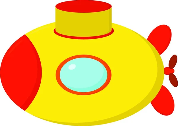一艘可爱的橙色和黄色小卡通潜艇正准备攻击其他潜水艇和水上飞机的矢量彩绘或插图 — 图库矢量图片
