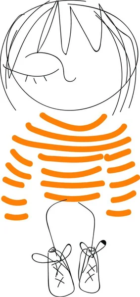 Искусство Одноглазой Милой Маленькой Мультяшной Девочки Одетой Свой Оранжевый Полосатый — стоковый вектор
