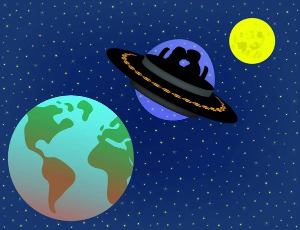 Illustration Eines Liebespaares Fliegt Ufo Alien Raumschiff Über Und Zwischen — Stockvektor