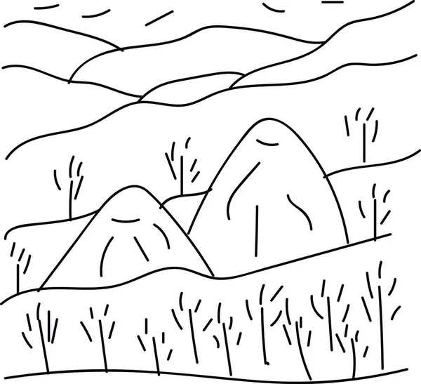 黑白色彩矢量画图或图解中的树木和山脉线条艺术 — 图库矢量图片