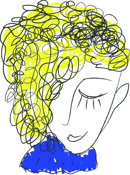 青い色の衣装を着た甘い男の子の顔のラインアートと黄色の髪のベクトルカラーの図面やイラスト — ストックベクタ