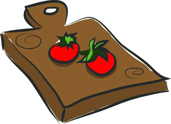 将两个西红柿放在一个长方形的木制切纸板上 并能熟练地悬挂在墙上矢量彩绘或插图的钉子或钩子上 — 图库矢量图片