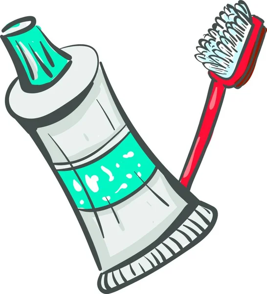 Eine Rote Zahnbürste Und Zahnpasta Mit Einer Blau Gefärbten Schraubkappe — Stockvektor