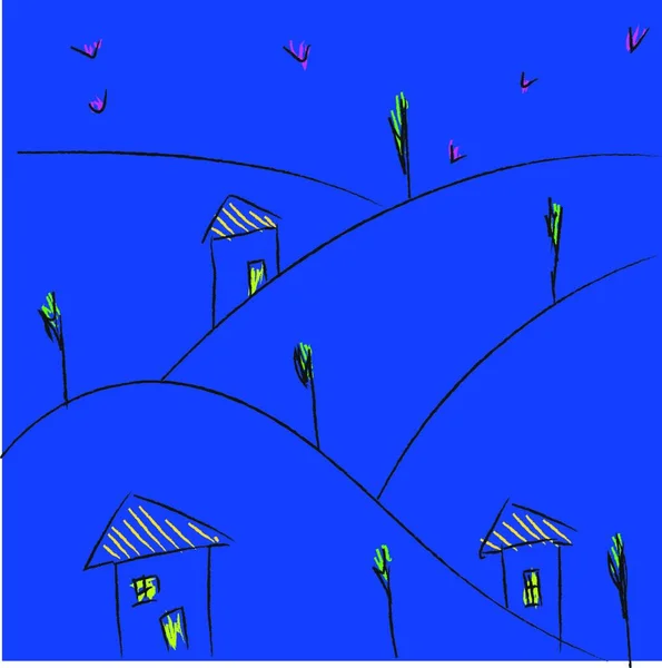Art Linéaire Village Avec Peu Maisons Chaume Arbres Dans Nuit — Image vectorielle