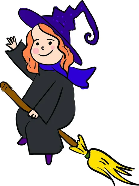 Smiling Cartoon Witch Waves Its Right Hand While Flying Broom — Stock Vector