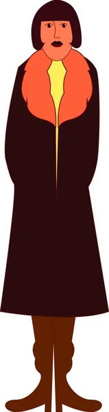 一位身材高大瘦弱 穿着冬装的女人 剪着棕色外套 双手交叉在背后的矢量彩绘或插图前 — 图库矢量图片
