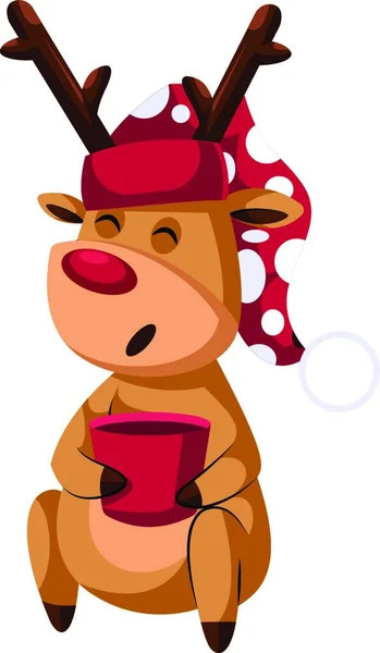 Cerf Noël Avec Chapeau Rouge Tasse Avec Illustration Vectorielle Thé — Image vectorielle