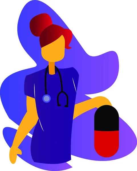 Простая Векторная Многоцветная Иллюстрация Медсестры Фиолетовом Медицинском Костюме Огромной Таблеткой — стоковый вектор