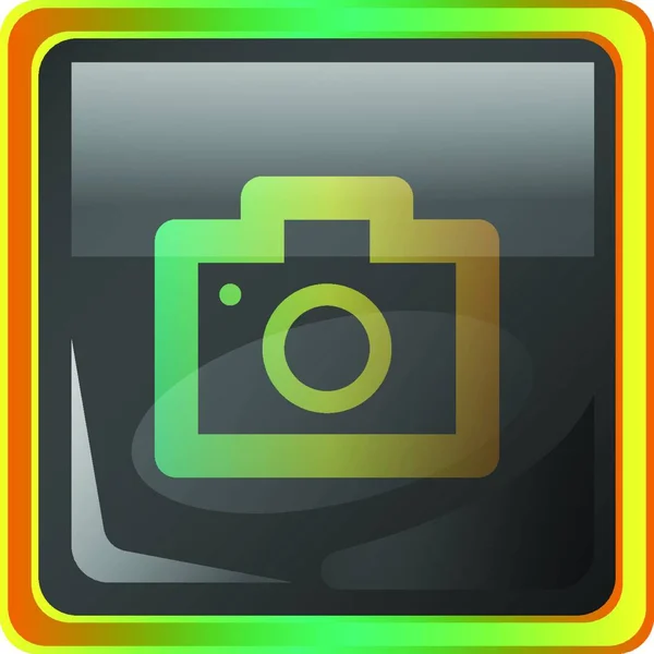 Camera Grijze Vierkante Vector Pictogram Illustratie Met Gele Groene Details — Stockvector