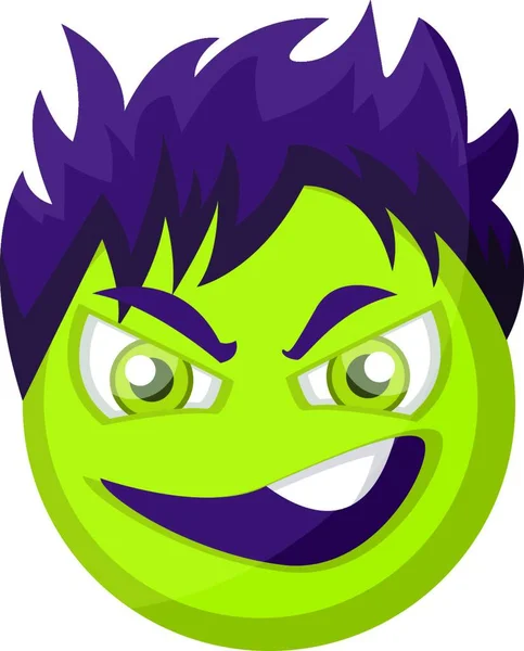 Visage Emoji Vert Maléfique Avec Illustration Vectorielle Cheveux Violets Sur — Image vectorielle